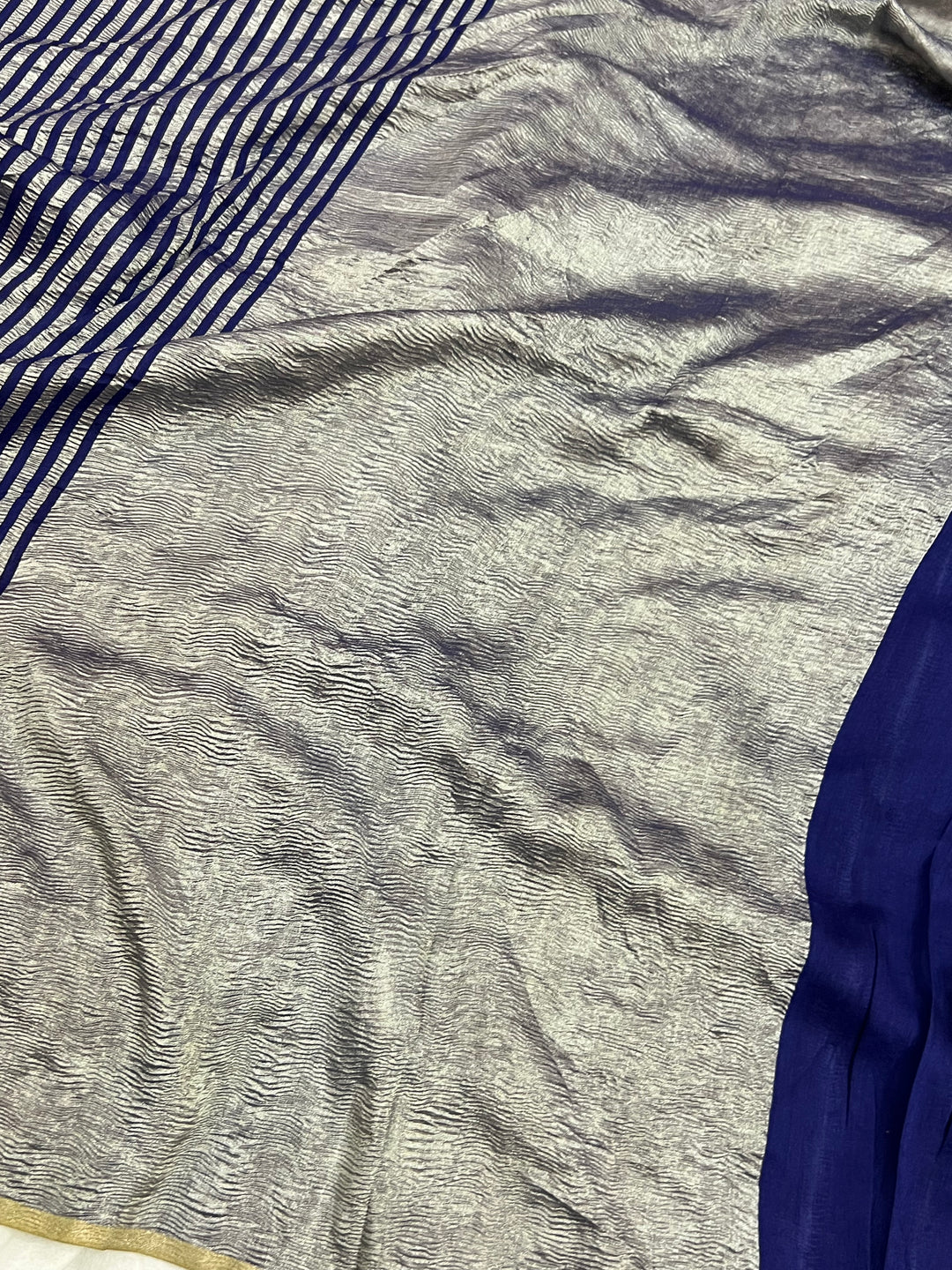 Navy Blue Moonga Silk Banarasi Saree with Zari Stripes 