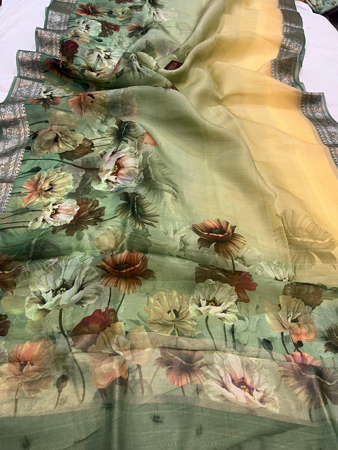 Yellow-Green Shaded Banarasi Handloom Kora Silk Saree