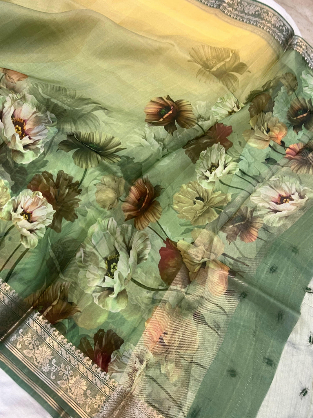 Yellow-Green Shaded Banarasi Handloom Kora Silk Saree