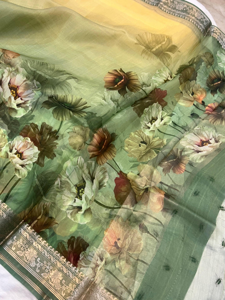 Yellow-Green Shaded Banarasi Handloom Kora Silk Saree