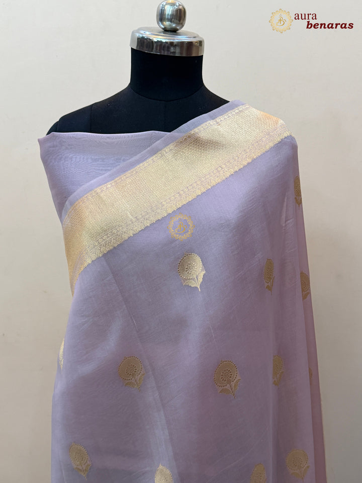 Pastel Lavender Pure Kora Silk Handloom Banarasi Saree