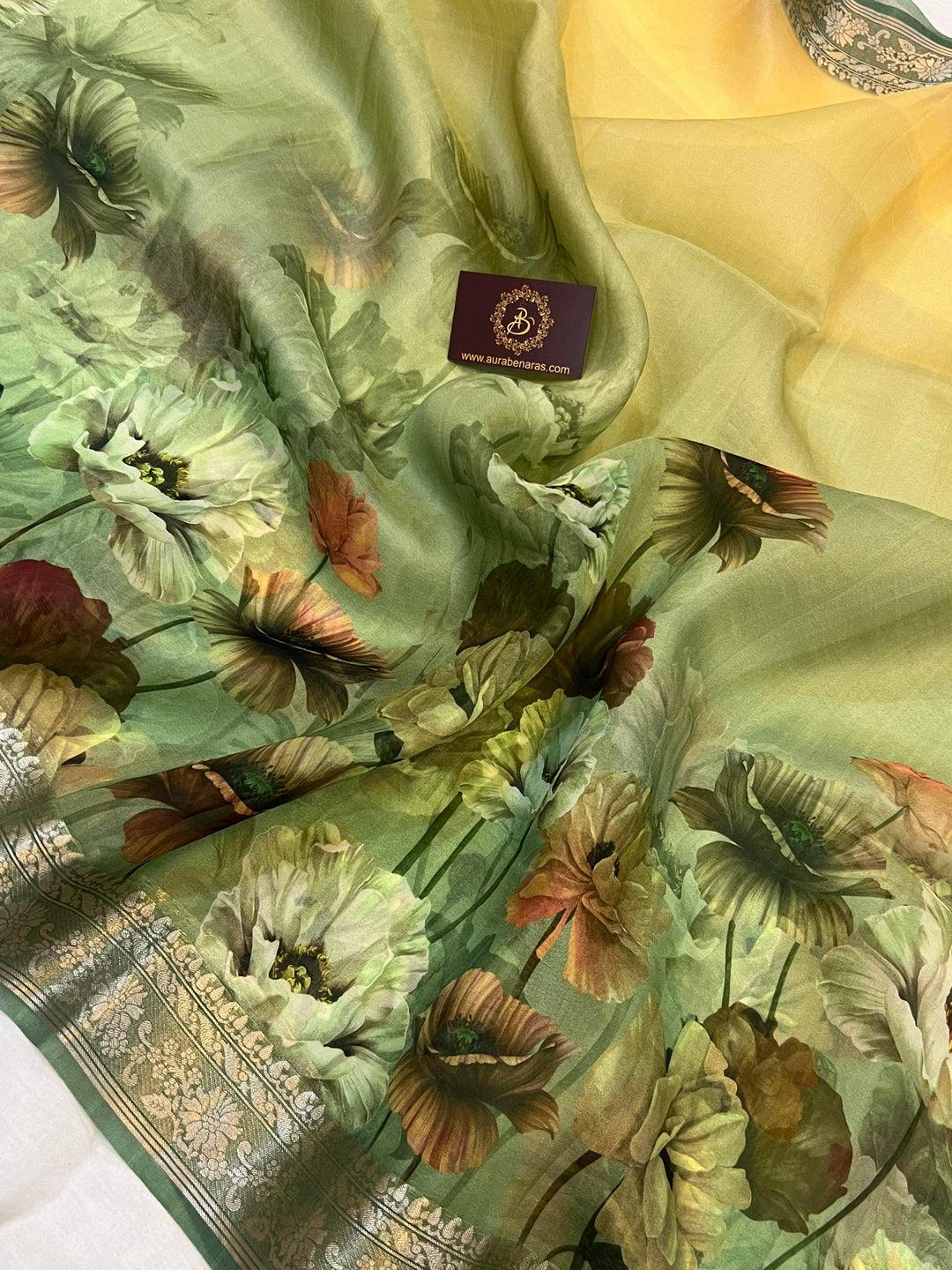 Yellow-Green Shaded Banarasi Handloom Kora Silk Saree