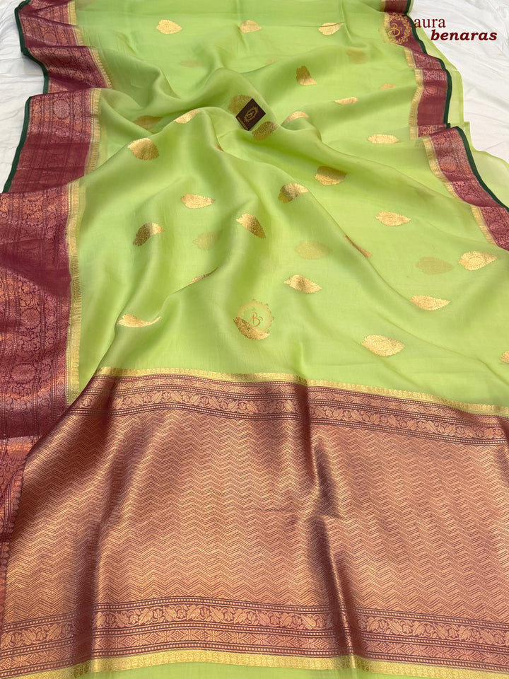 Pista Green Kora Silk Banarasi Saree with Kadhwa Motifs