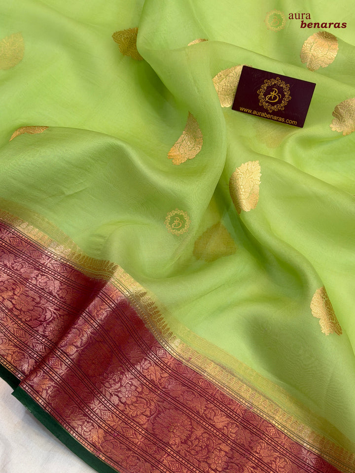Pista Green Kora Silk Banarasi Saree with Kadhwa Motifs