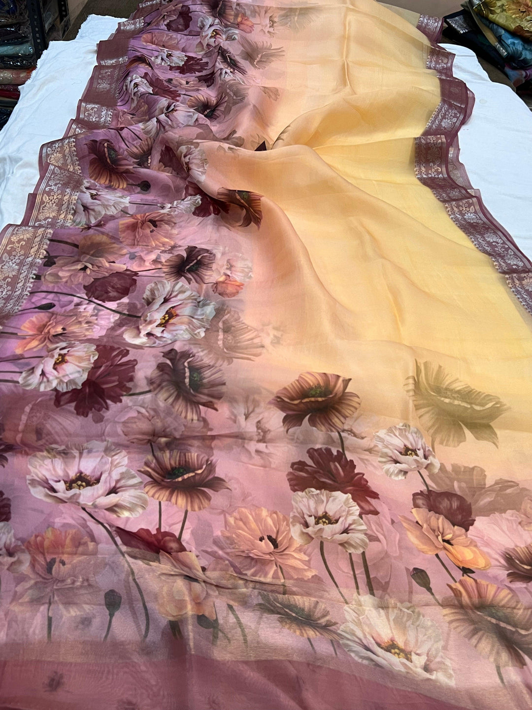 Cream-Pink Banarasi Handloom Kora Silk Saree - Aura Benaras