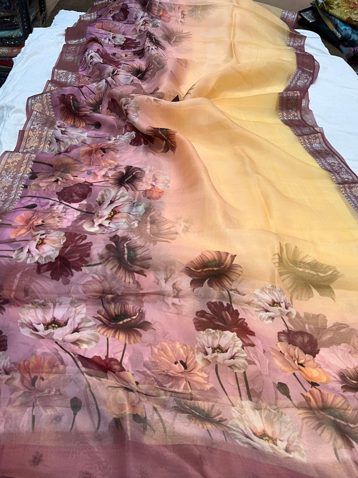 Cream-Pink Banarasi Handloom Kora Silk Saree - Aura Benaras