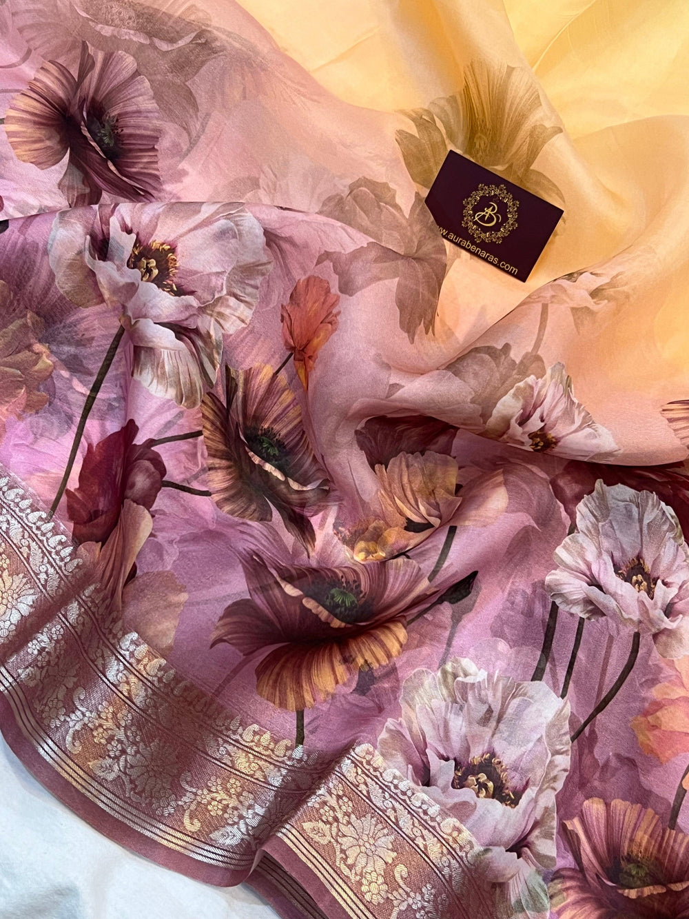 Cream-Pink Banarasi Handloom Kora Silk Saree - Aura Benaras