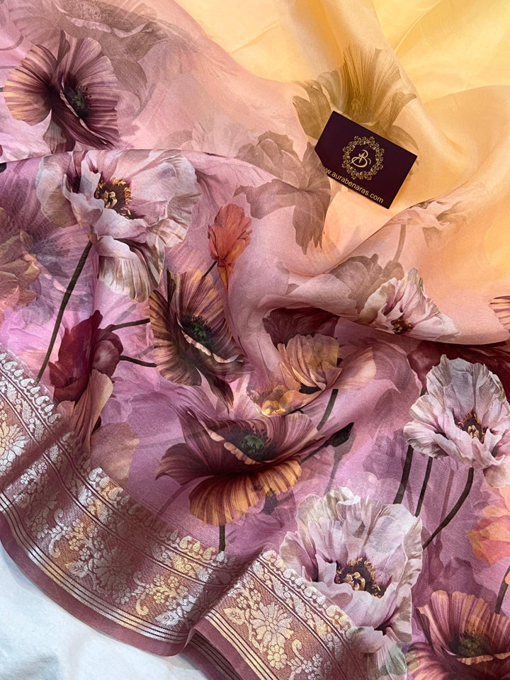 Cream-Pink Banarasi Handloom Kora Silk Saree - Aura Benaras