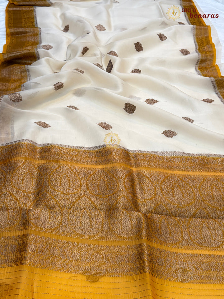 Cream Kora Silk Banarasi Saree with Kadhwa Motifs