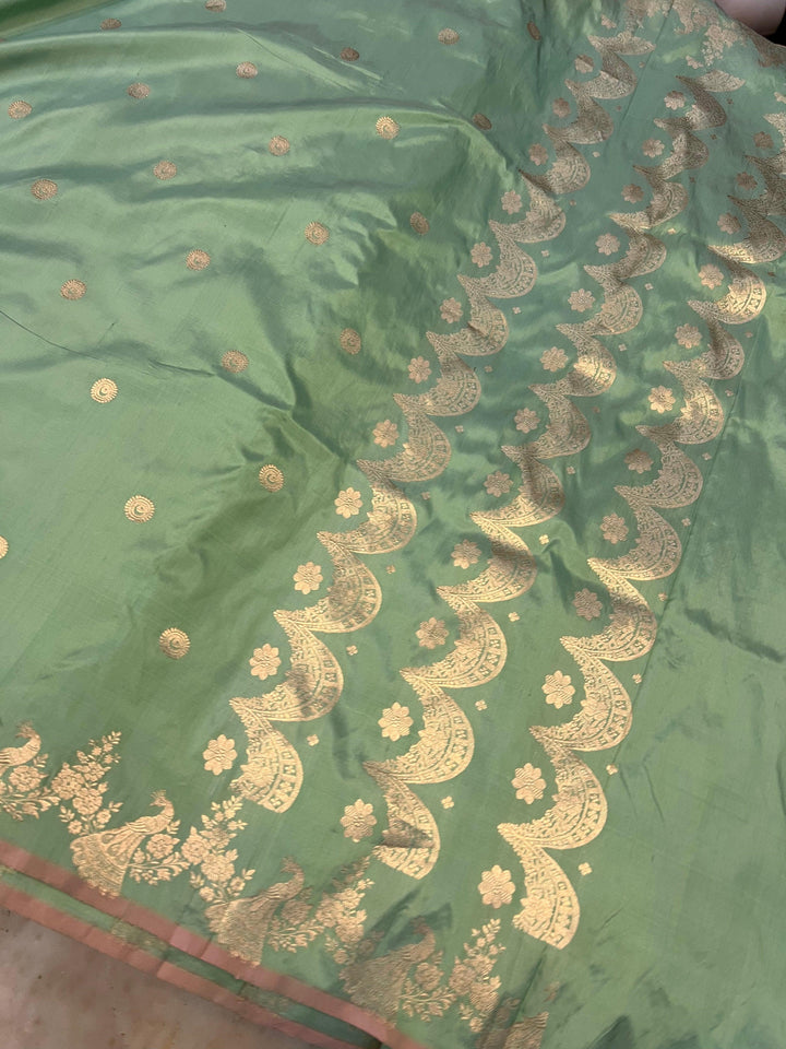 Sage Green  Banarasi Handloom Katan Silk Saree - Aura Benaras