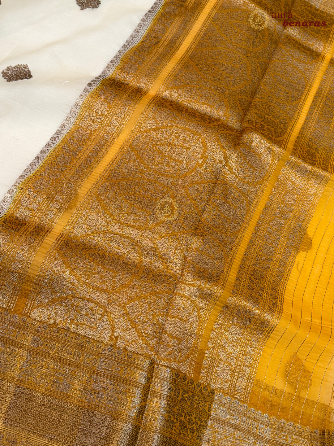 Cream Kora Silk Banarasi Saree with Kadhwa Motifs
