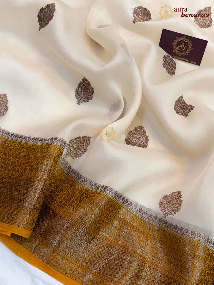 Cream Kora Silk Banarasi Saree with Kadhwa Motifs