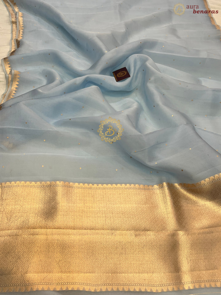 Ice Blue Pure Kora Silk Handloom Banarasi Saree