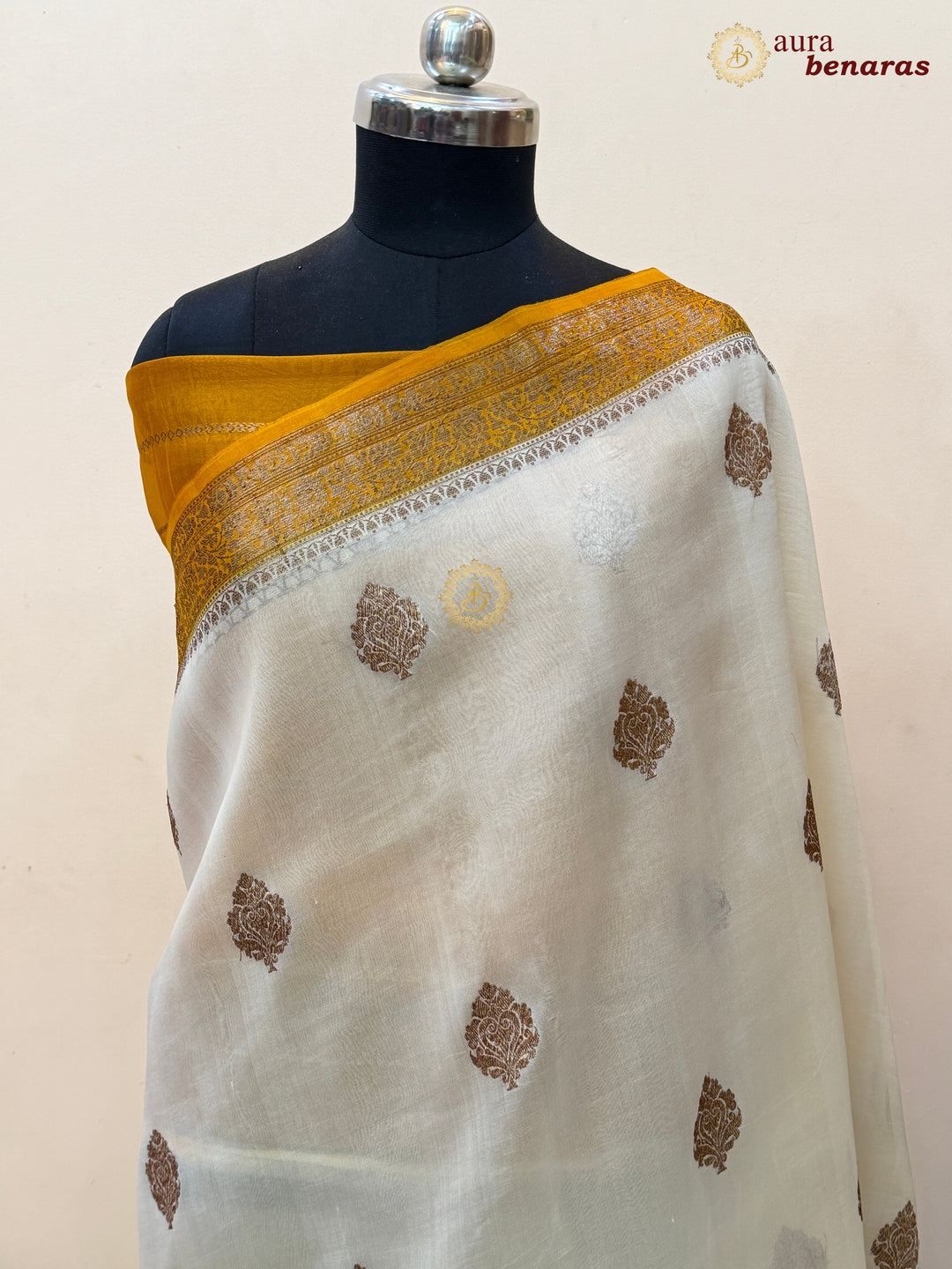 Cream Kora Silk Banarasi Saree with Kadhwa Motifs