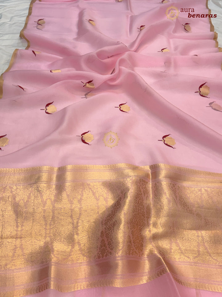 Baby Pink Kora Silk Banarasi Saree with Sona Rupa Butis