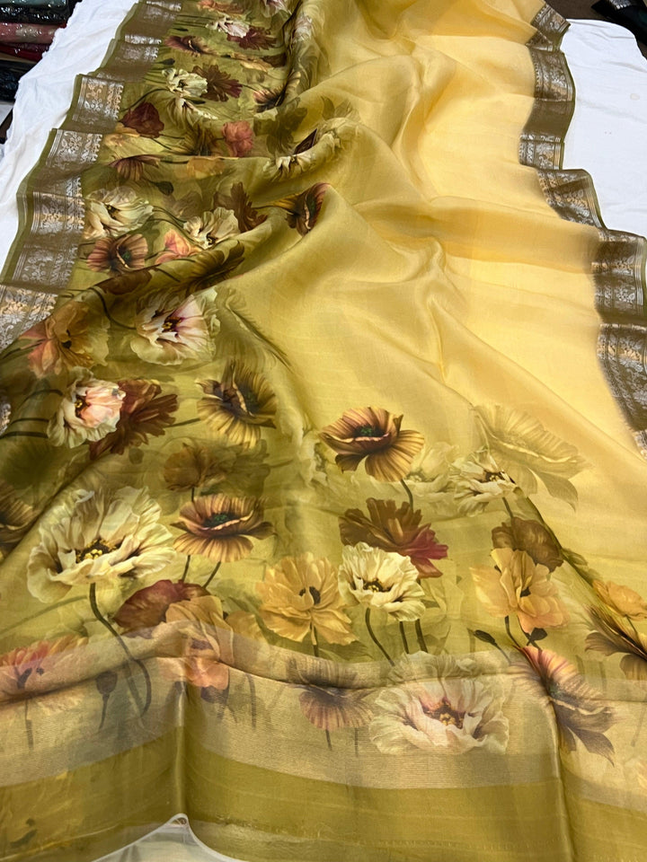 Cream-Yellow Banarasi Handloom Kora Silk Saree - Aura Benaras