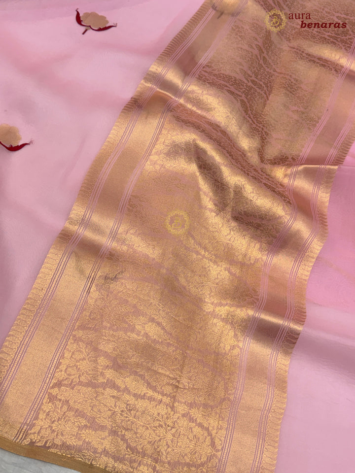 Baby Pink Kora Silk Banarasi Saree with Sona Rupa Butis