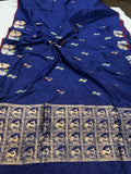 Navy Blue Banarasi Handloom Katan Silk Saree - Aura Benaras