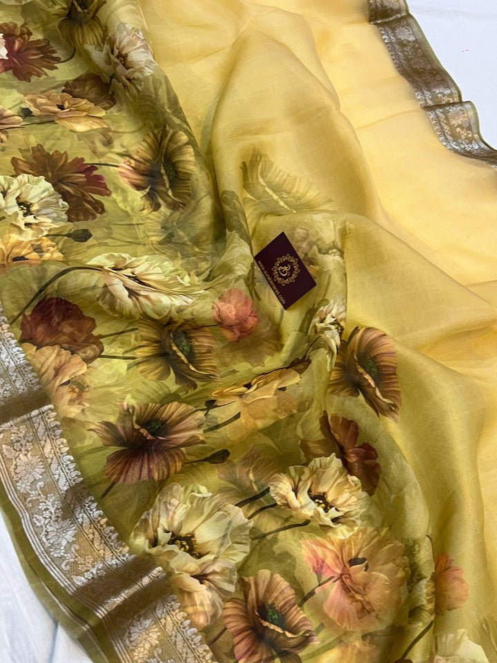 Cream-Yellow Banarasi Handloom Kora Silk Saree - Aura Benaras
