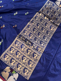 Navy Blue Banarasi Handloom Katan Silk Saree - Aura Benaras