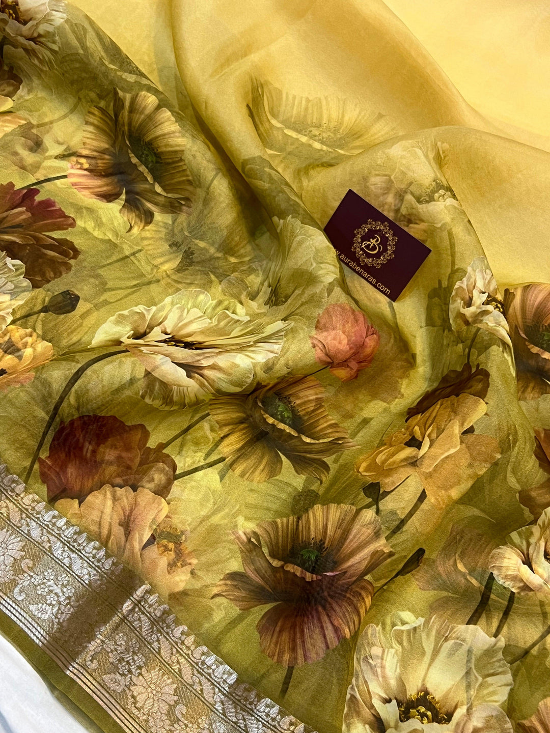 Cream-Yellow Banarasi Handloom Kora Silk Saree - Aura Benaras