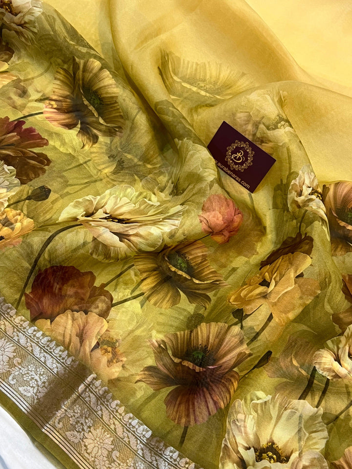 Cream-Yellow Banarasi Handloom Kora Silk Saree - Aura Benaras