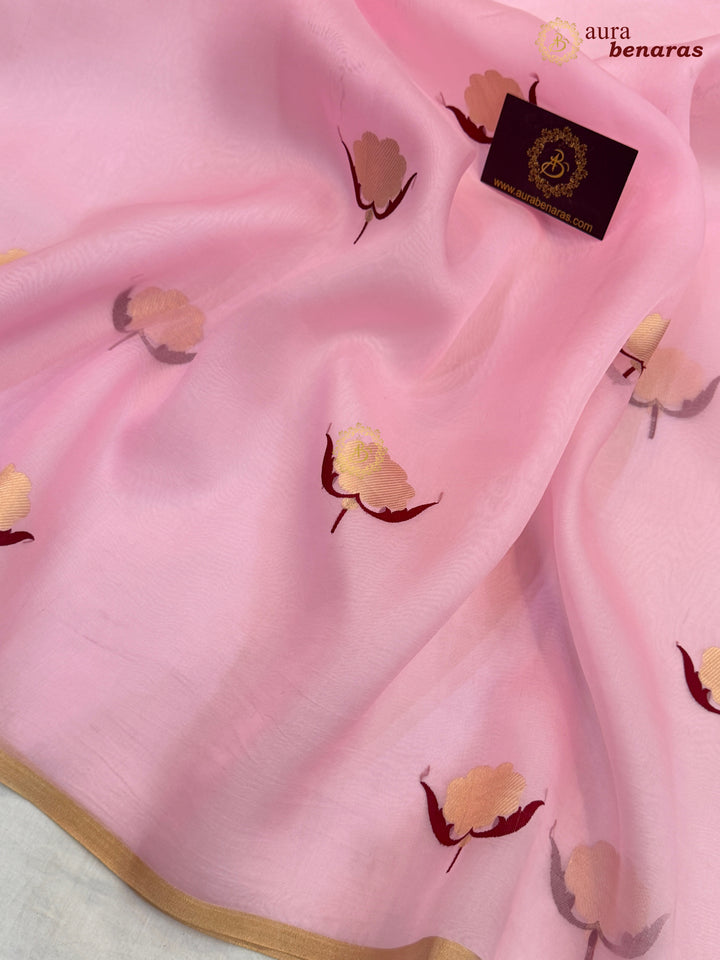 Baby Pink Kora Silk Banarasi Saree with Sona Rupa Butis