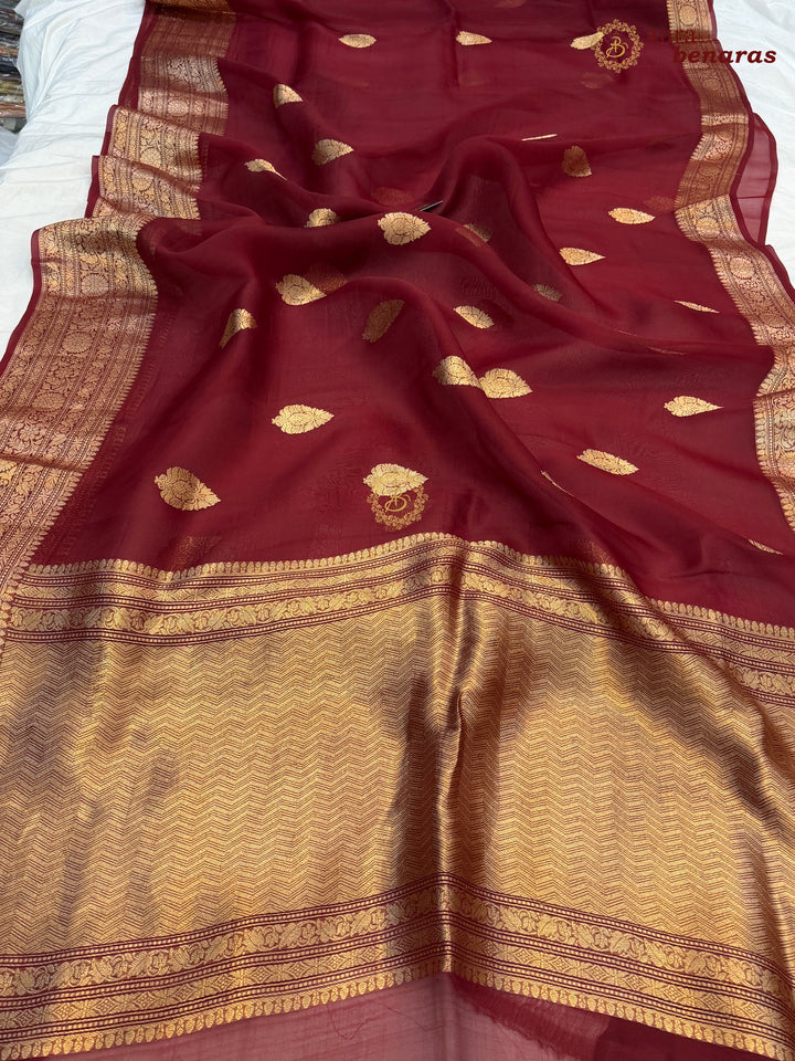 Maroon Banarasi Kora Organza Saree with Gold Zari Work