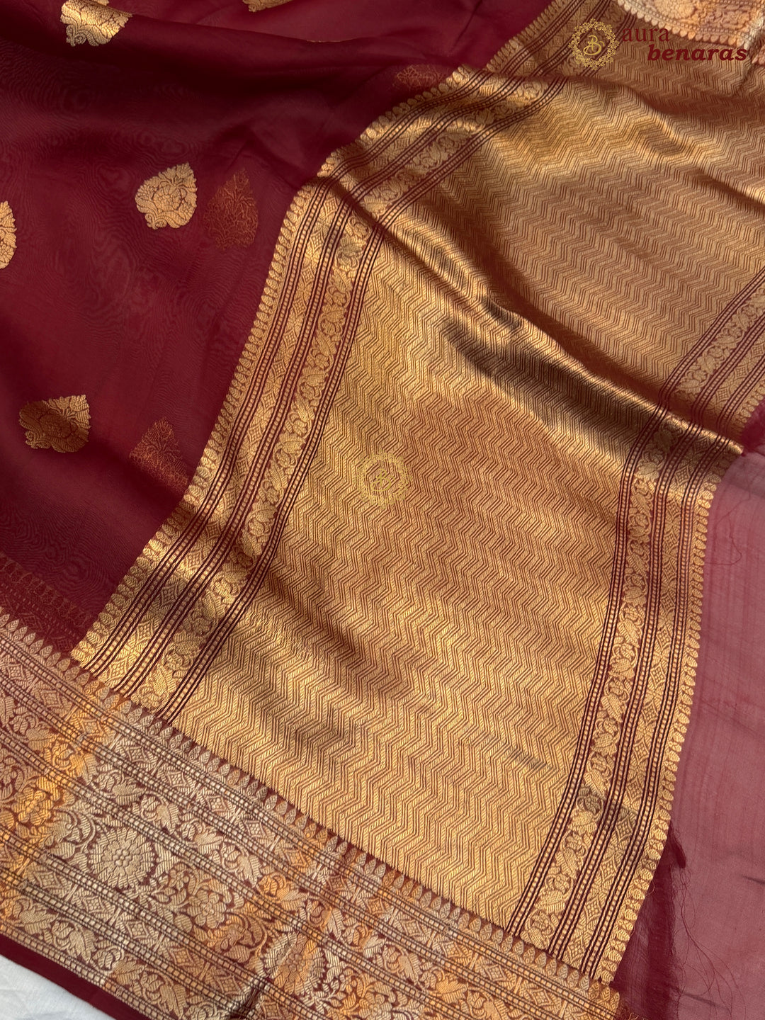 Maroon Banarasi Kora Organza Saree with Gold Zari Work