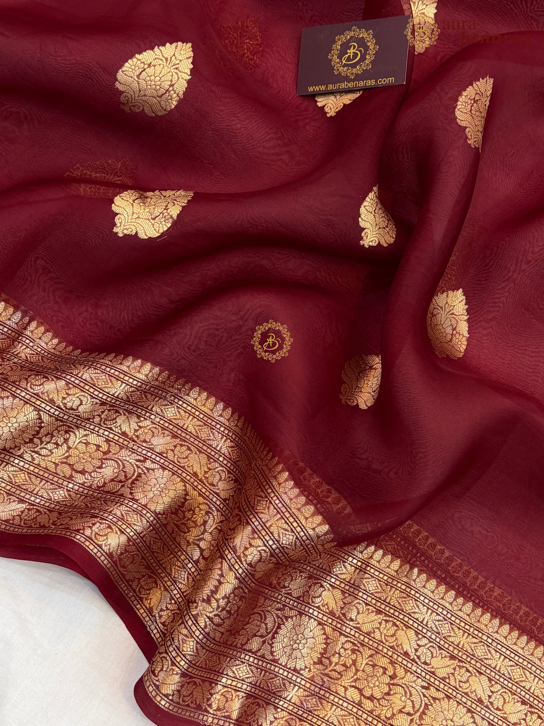 Maroon Banarasi Kora Organza Saree with Gold Zari Work