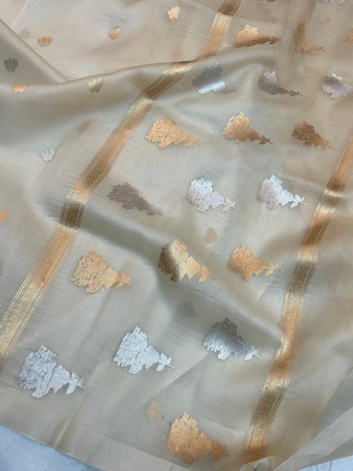 Cream Pure Kora Silk Handloom Banarasi Saree