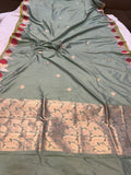 Sage Green Banarasi Handloom Katan Silk Saree - Aura Benaras