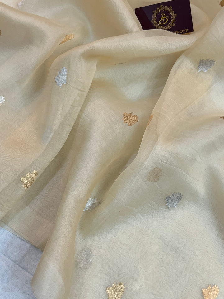 Cream Pure Kora Silk Handloom Banarasi Saree