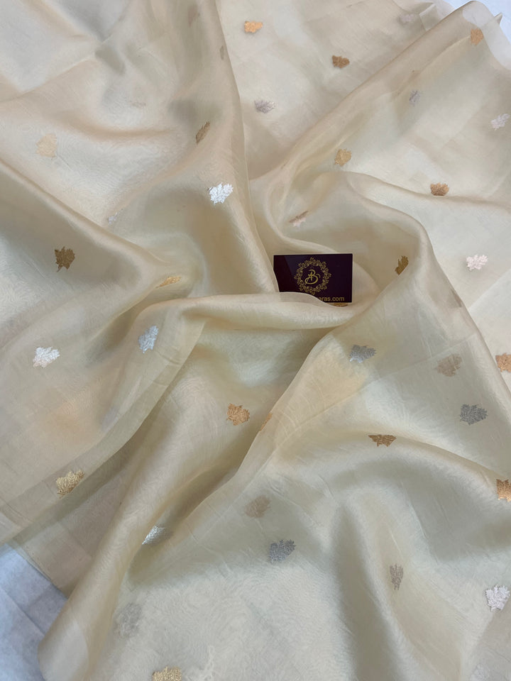 Cream Pure Kora Silk Handloom Banarasi Saree