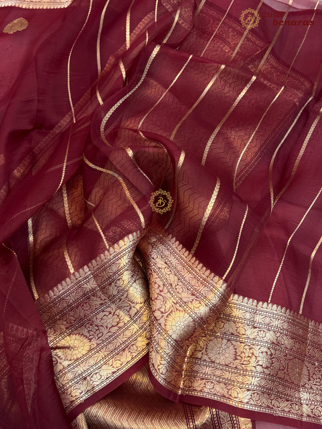Maroon Banarasi Kora Organza Saree with Gold Zari Work