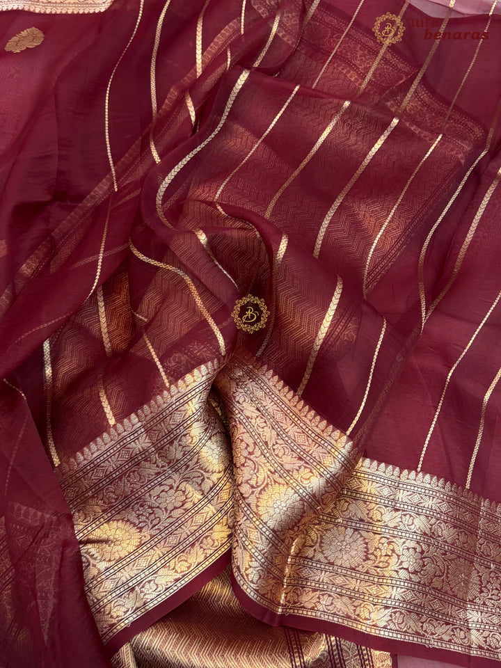 Maroon Banarasi Kora Organza Saree with Gold Zari Work
