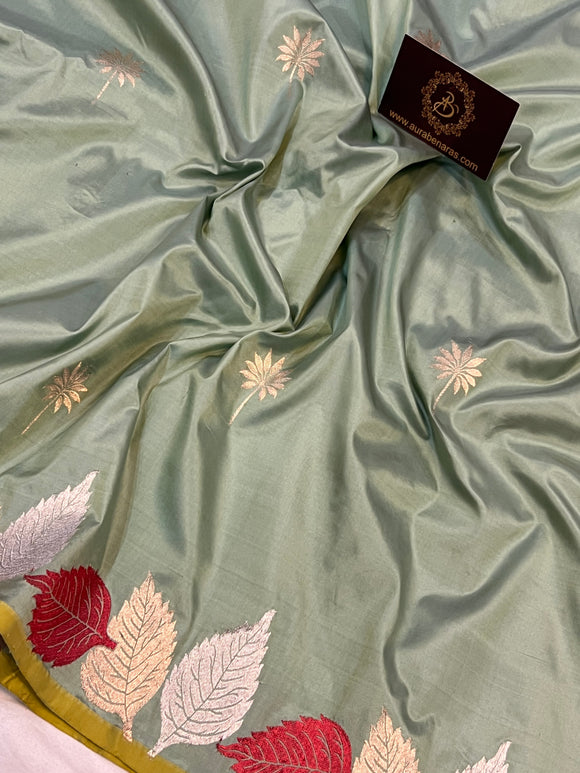 Sage Green Banarasi Handloom Katan Silk Saree - Aura Benaras