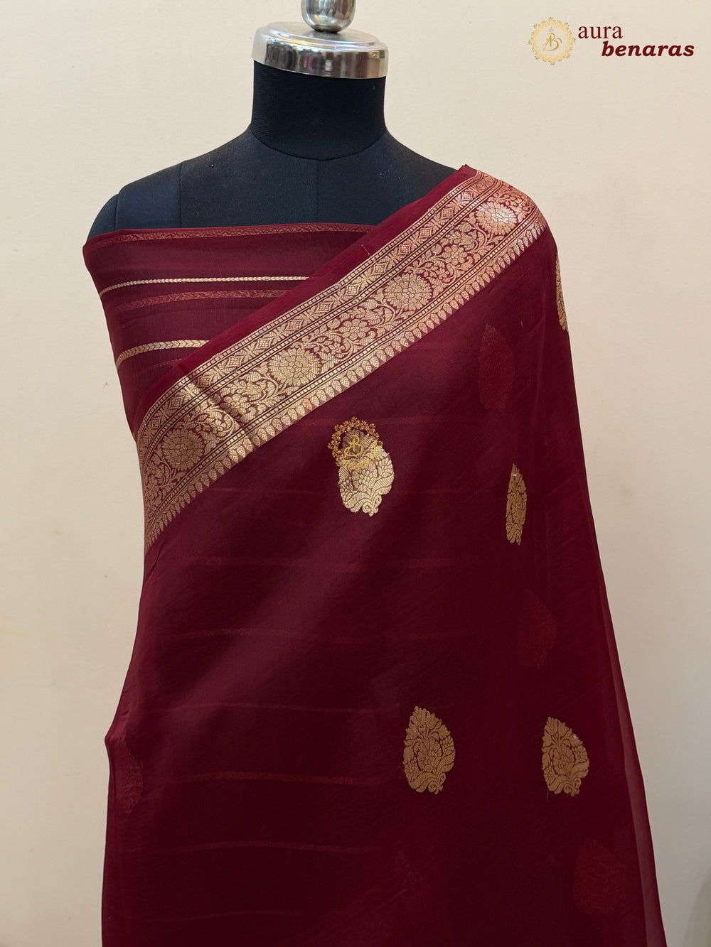 Maroon Banarasi Kora Organza Saree with Gold Zari Work