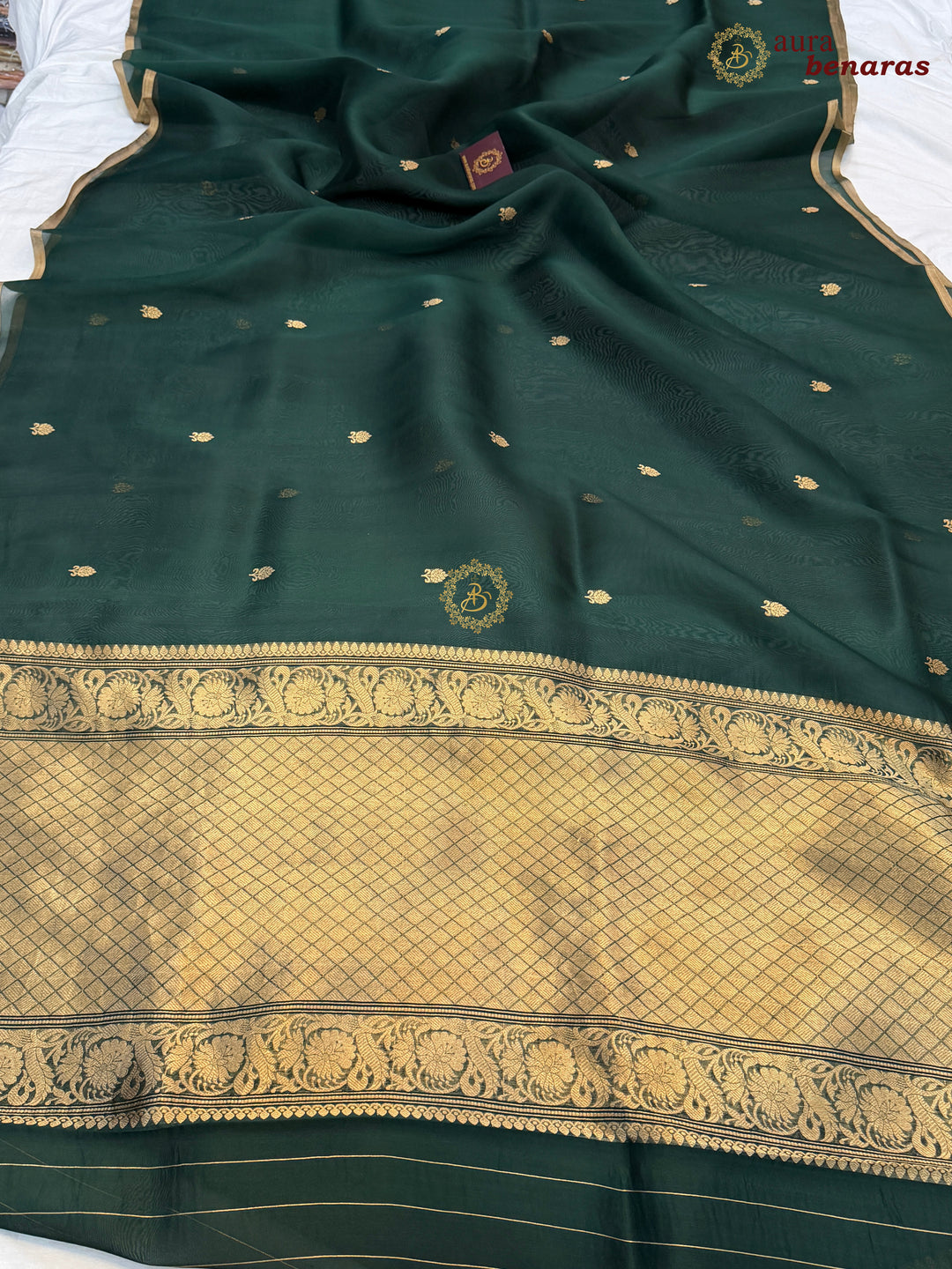 Bottle Green Kora Silk Banarasi Saree – Kadhwa Butis in Zari