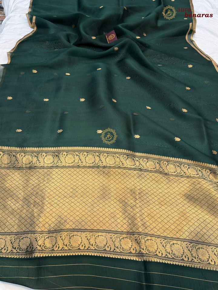Bottle Green Kora Silk Banarasi Saree – Kadhwa Butis in Zari