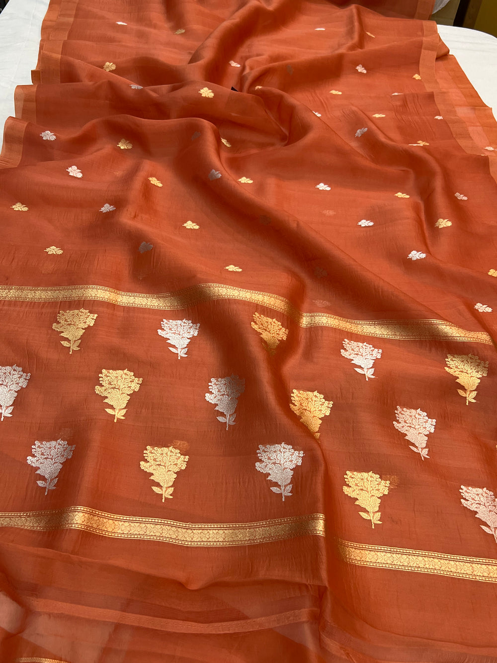 Rust Orange Kora Silk Banarasi Saree with Sona Rupa Butis 
