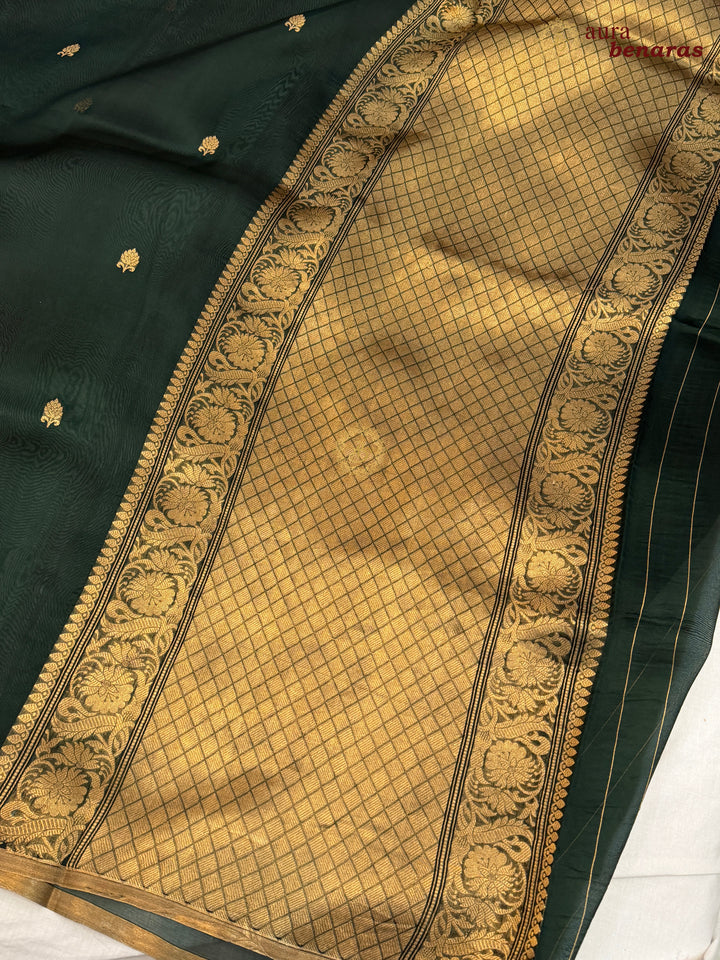 Bottle Green Kora Silk Banarasi Saree – Kadhwa Butis in Zari