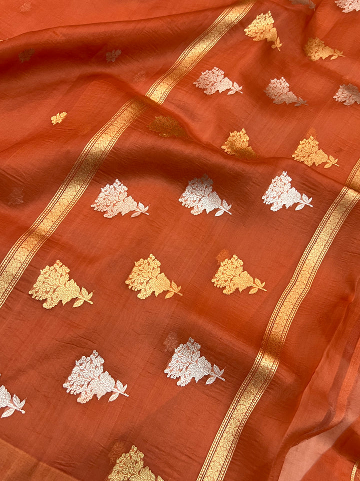 Rust Orange Kora Silk Banarasi Saree with Sona Rupa Butis 