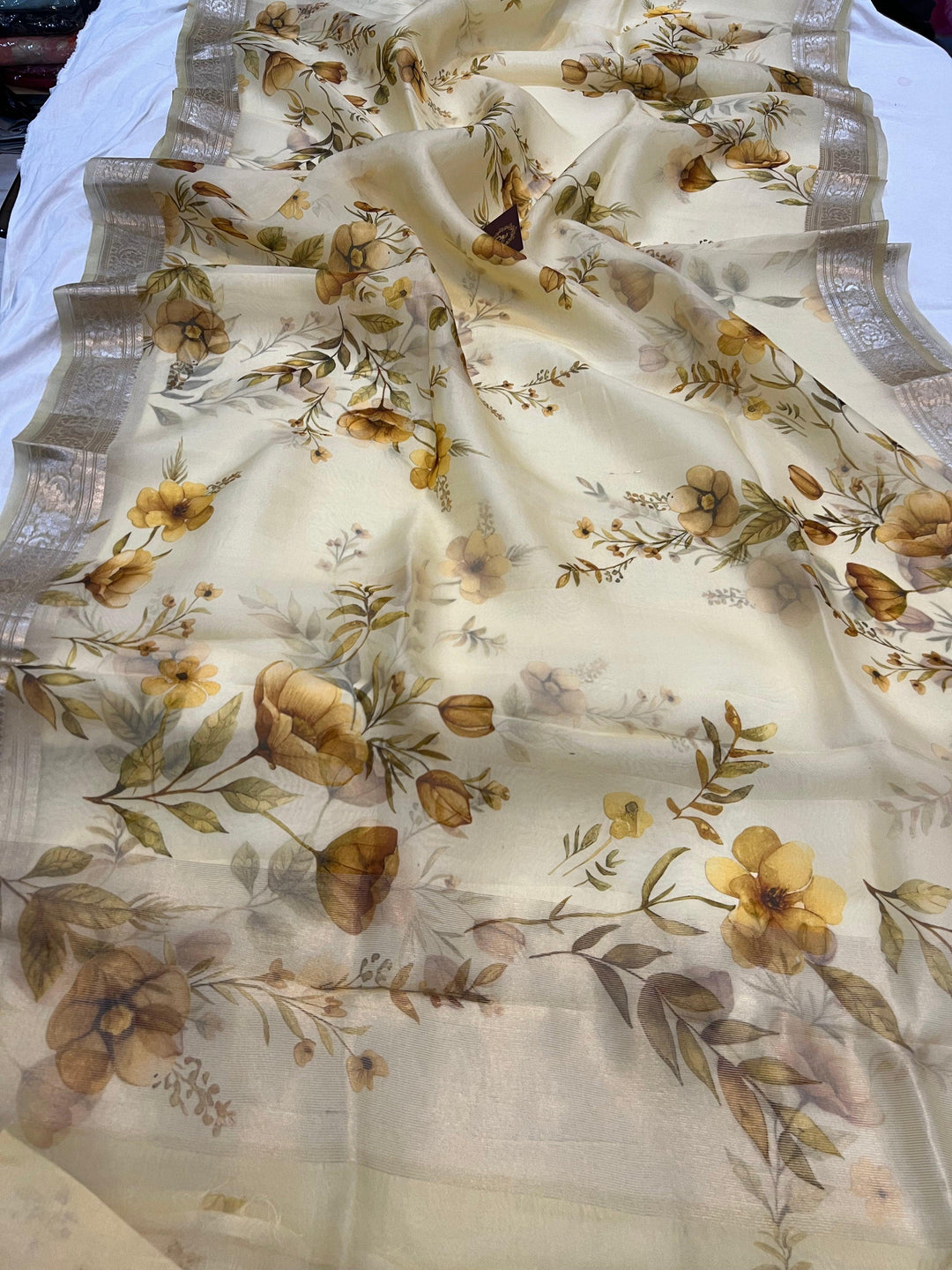 Cream Banarasi Handloom Kora Silk Saree