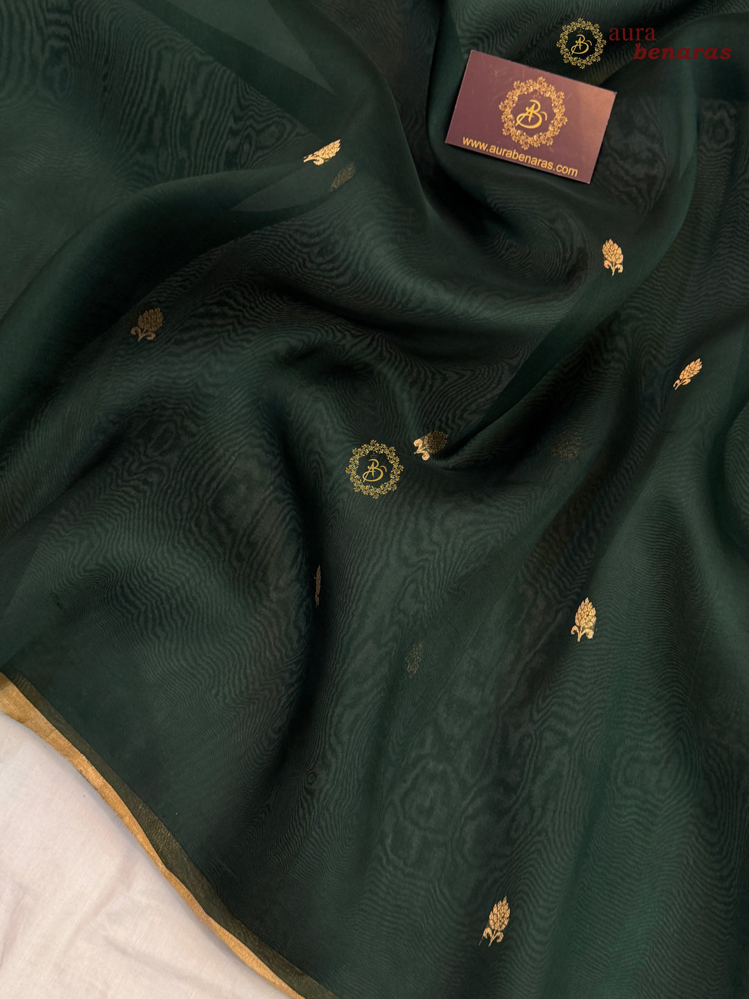 Bottle Green Kora Silk Banarasi Saree – Kadhwa Butis in Zari