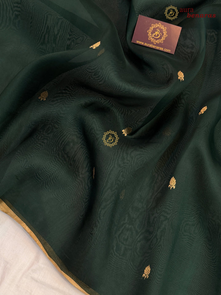 Bottle Green Kora Silk Banarasi Saree – Kadhwa Butis in Zari