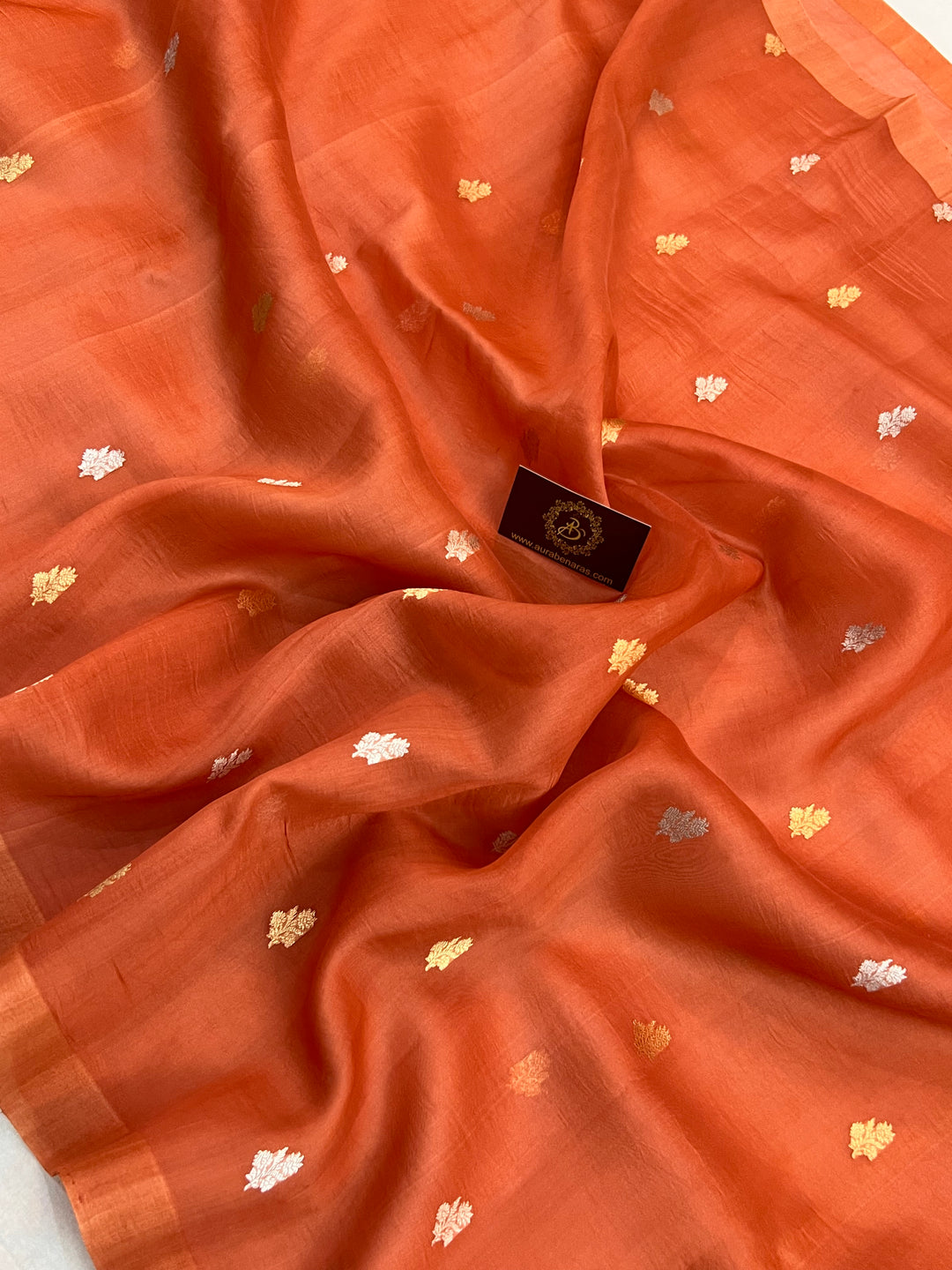 Rust Orange Kora Silk Banarasi Saree with Sona Rupa Butis 