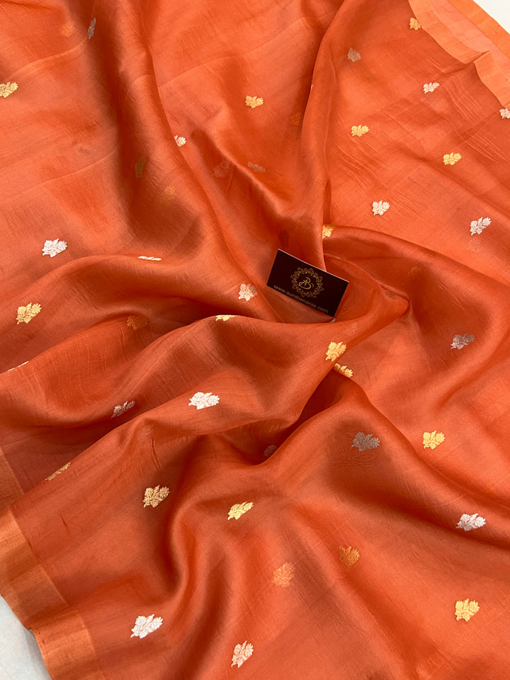 Rust Orange Kora Silk Banarasi Saree with Sona Rupa Butis 