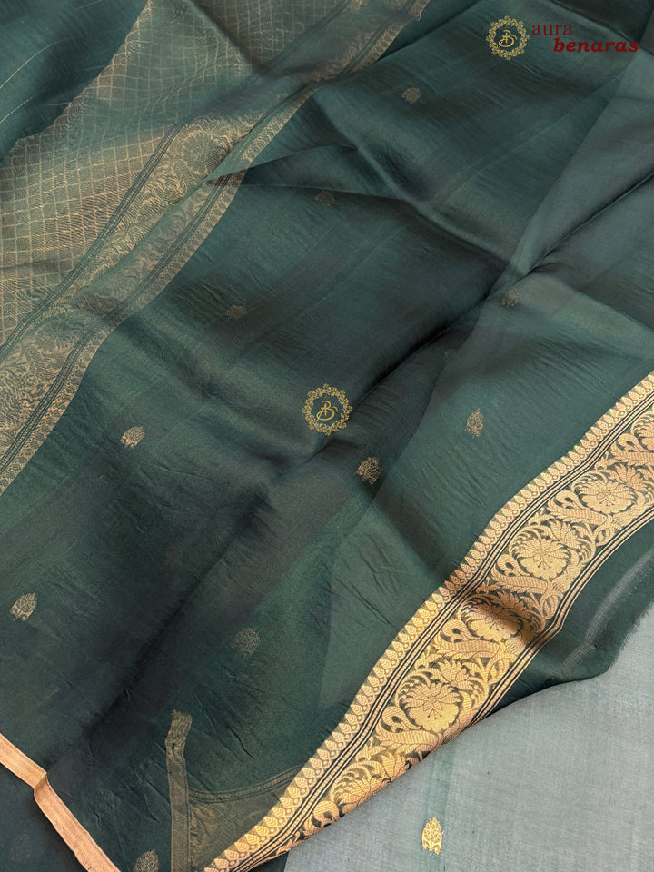 Bottle Green Kora Silk Banarasi Saree – Kadhwa Butis in Zari