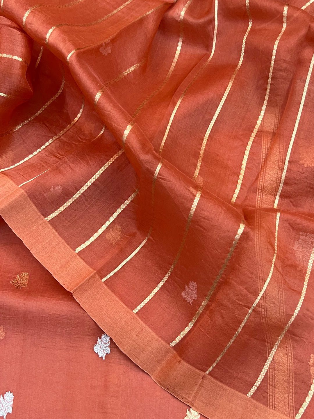 Rust Orange Kora Silk Banarasi Saree with Sona Rupa Butis 